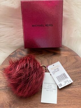 MICHAEL M KORS Large Cherry Color Fox Fur Pom Pom Bag Charm Gift Boxed